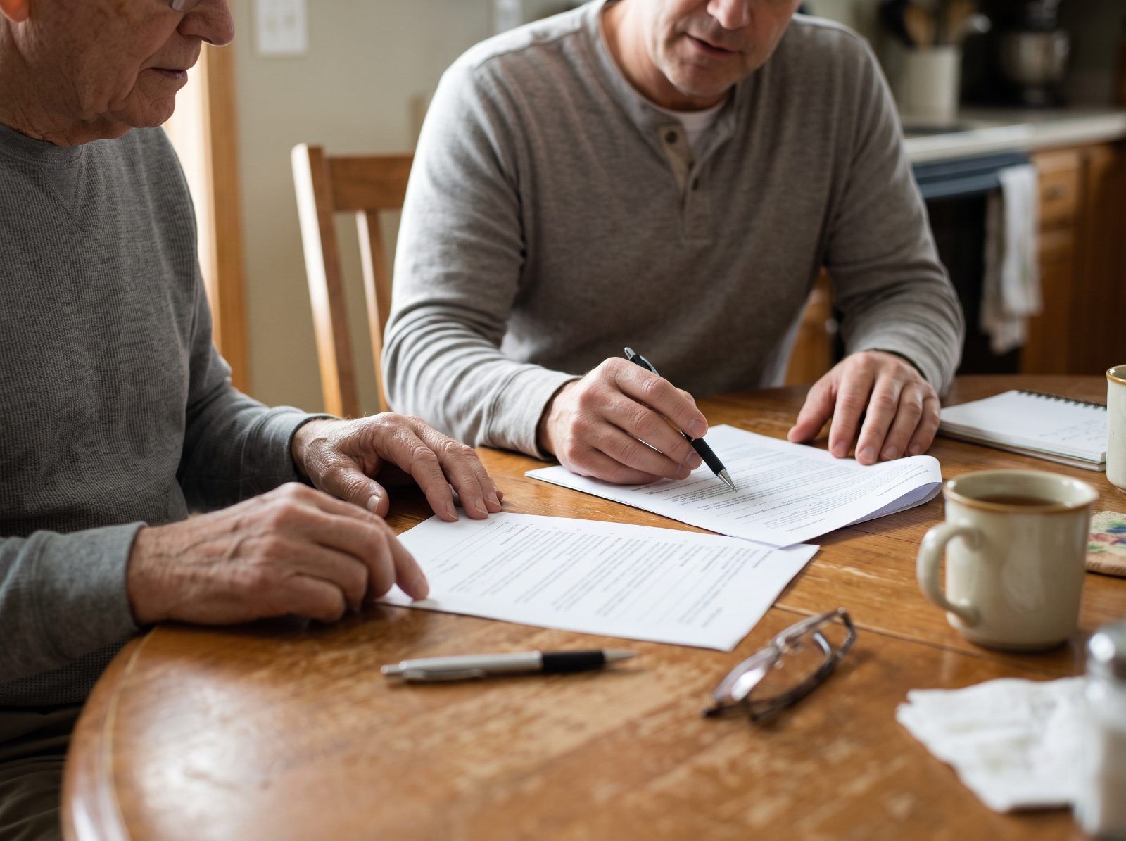 An older man and a younger man reviewing documents at a kitchen table