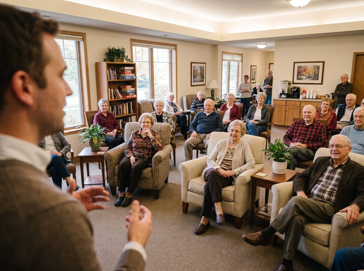 A presenter speaking to a room of older adults in a community center lounge