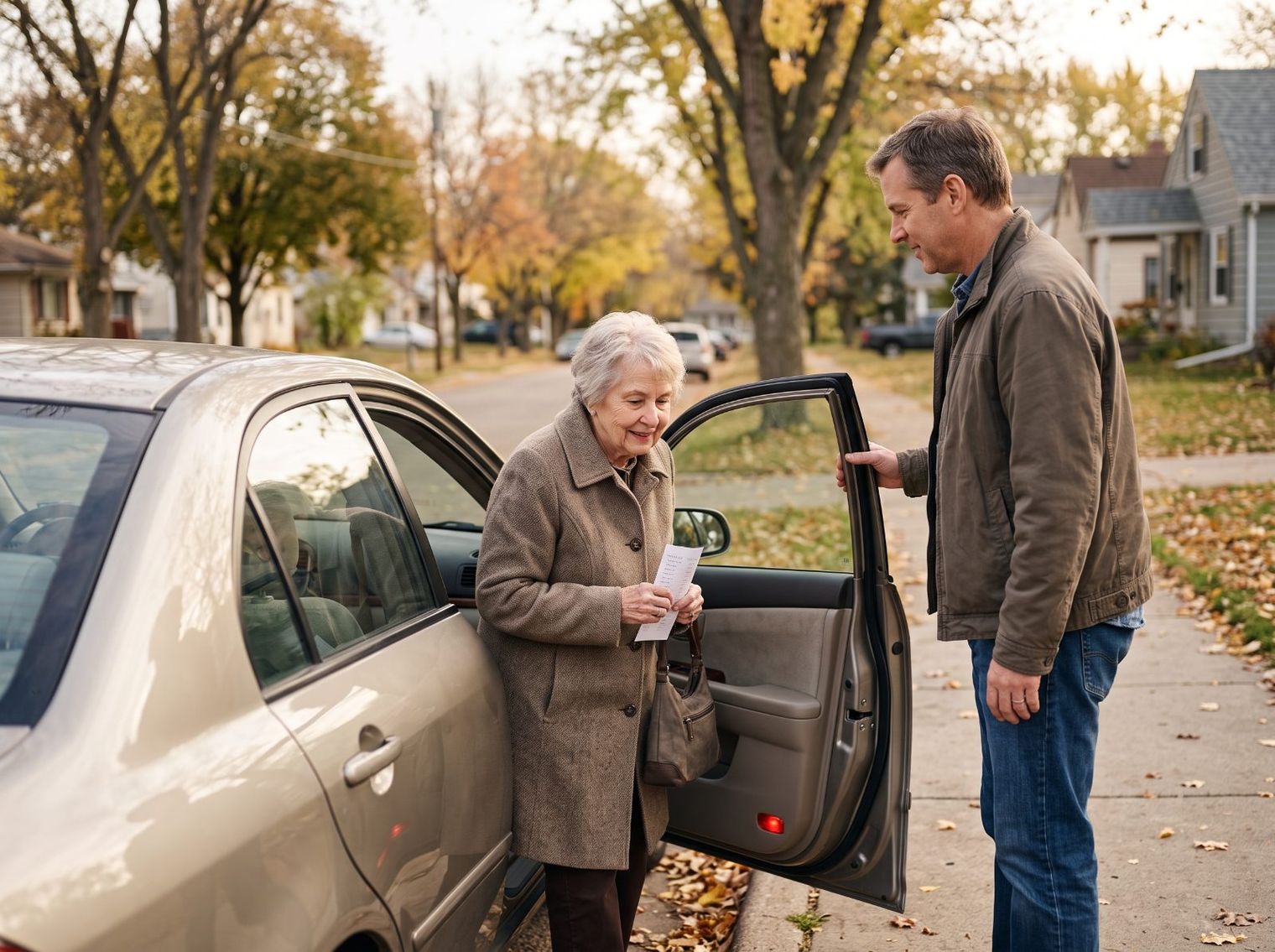 An older woman holding a short list steps out of a parked car on an autumn street while a man holds the car door for her.