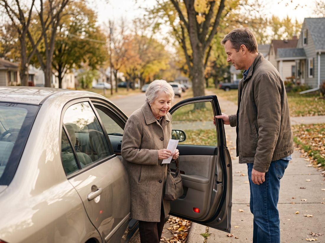 An older woman holding a short list steps out of a parked car on an autumn street while a man holds the car door for her.